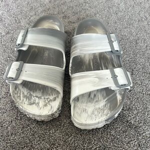 Birkenstock Women’s Silver and White Sandals